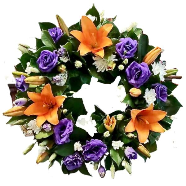 Purple Roses and Orange Lilies Round Funeral Wreath