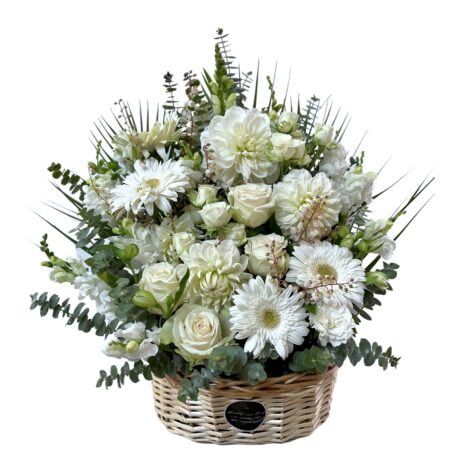 White Roses Gerberas Sympathy Flowers Basket