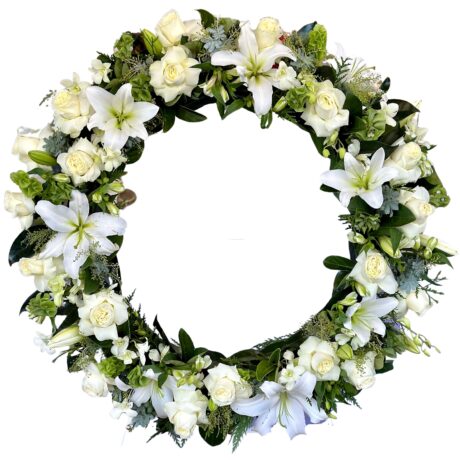White Roses and Lilies Round Funeral Wreath