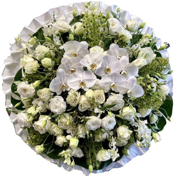White Orchids and Roses Round Asian and Chinese Funeral Wreath
