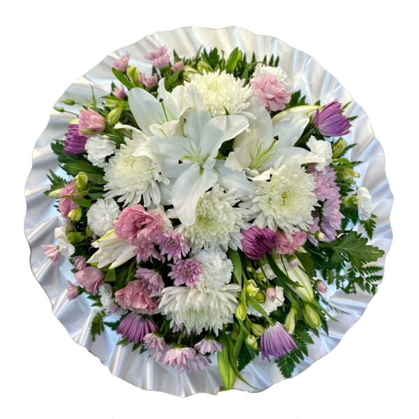 White and Pink Chrysanthemums and White Lilies Round Asian and Chinese Funeral Wreath