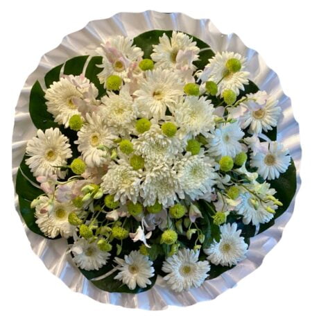 White Chrysanthemums and Gerberas Round Asian and Chinese Funeral Wreath