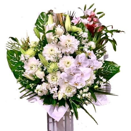 White Orchids Chrysanthemums and Lilies Funeral Flowers Basket