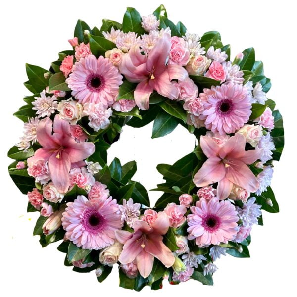 Pink Gerberas and Lilies Round Funeral Wreath