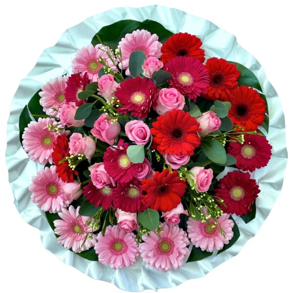 Red and Pink Gerberas Round Asian and Chinese Funeral Wreath
