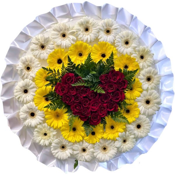Red Roses and Yellow and White Gerberas Round Asian and Chinese Funeral Wreath