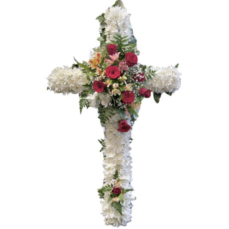 Red Roses on White Flowers Funeral Cross Wreath