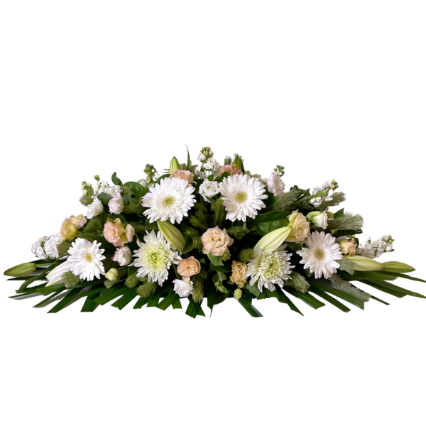 White Gerberas and Pink Roses Funeral Casket Flowers