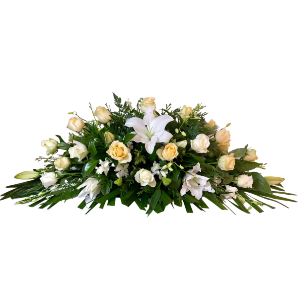 Cream Roses and White Lilies Funeral Casket Flowers