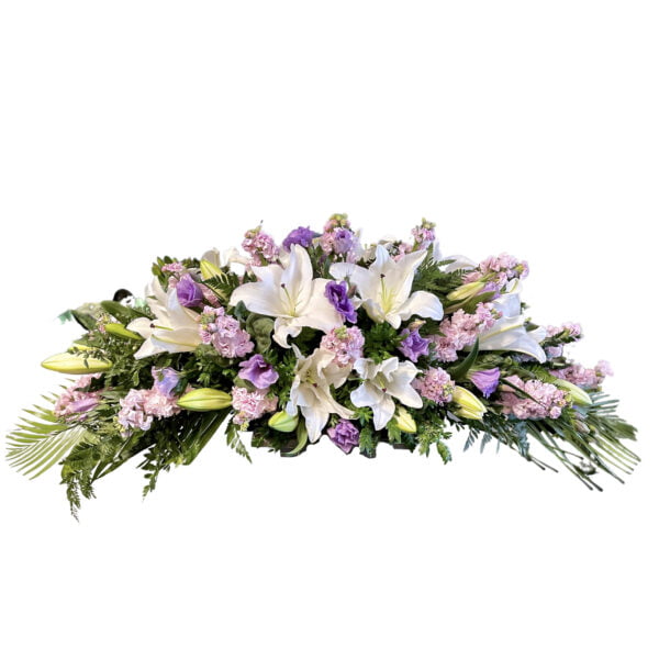 Purple and White Funeral Casket Flowers