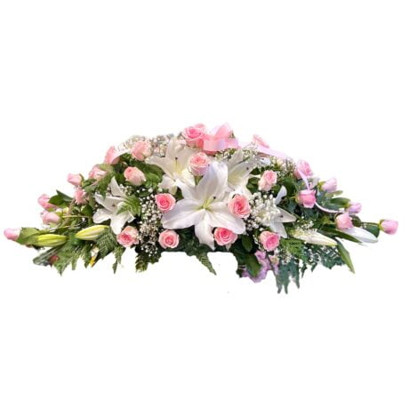 Pink Roses and White Lilies Funeral Casket Flowers