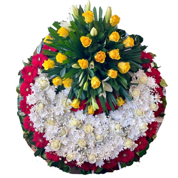 Yellow Roses and White Chrysanthemums Round Asian and Chinese funeral wreath