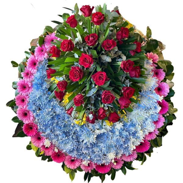 Red Roses and Blue Chrysanthemums Round Asian and Chinese funeral wreath