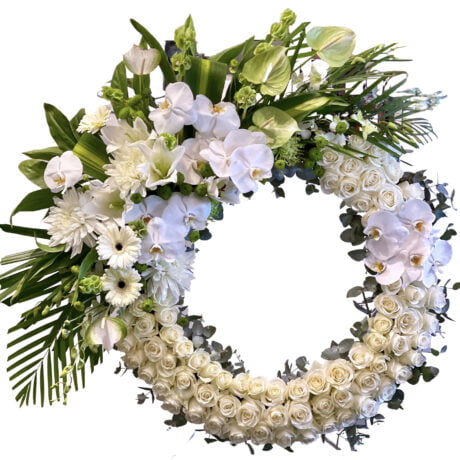 White Roses and Orchids Round Funeral Wreath