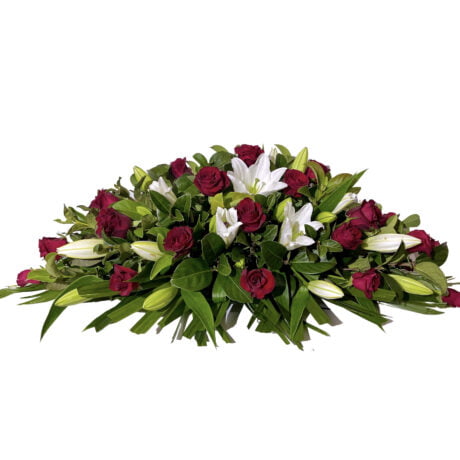 Red Roses and White Lilies Funeral Casket Flowers