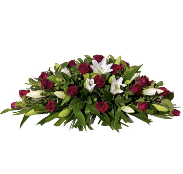 Red Roses and White Lilies Funeral Casket Flowers