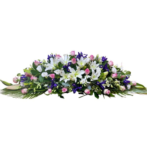 White Lilies Pink Roses and Purple Iris Funeral Casket Flowers
