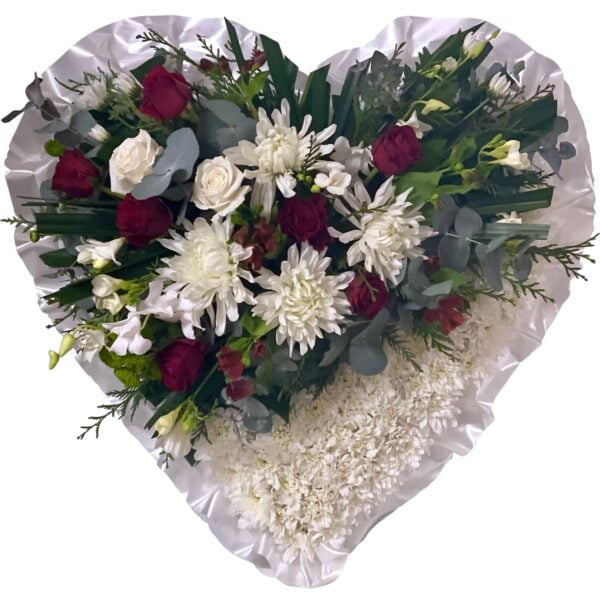 White and Red Roses and Chrysanthemums Heart Asian and Chinese funeral wreath