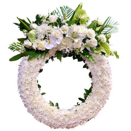 White Roses and Chrysanthemums Round Funeral Wreath