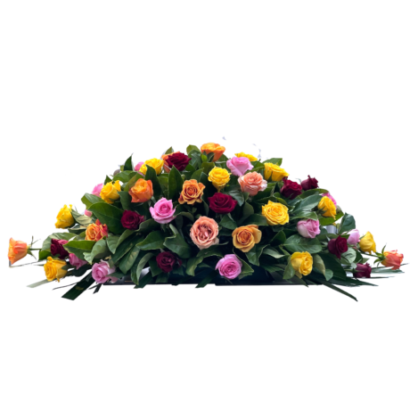 Orange Pink and Red Roses Funeral Casket Flowers