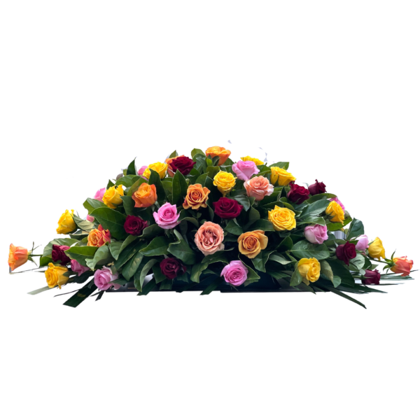 Orange Pink and Red Roses Funeral Casket Flowers