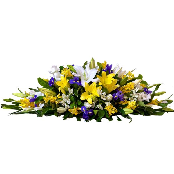 White and Yellow Lilies and Purple Iris Funeral Casket Flowers