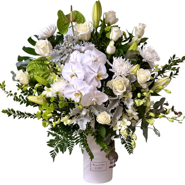 sympathy white orchids roses and lilies in vase