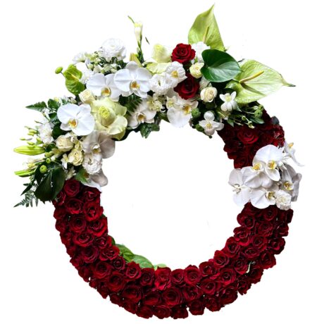 Red Roses and White Orchids Round Funeral Wreath