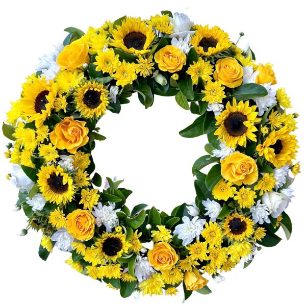 Yellow Sunflowers and Roses and Yellow and White Chrysanthemums Round Funeral Wreath