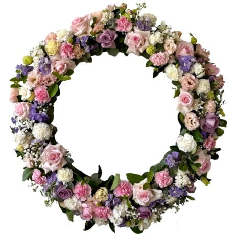 Pink Purple and White Round Funeral Wreath