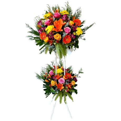 Roses, chrysanthemums, lilies and Gerberars 2-Tier Funeral Flowers Baskets