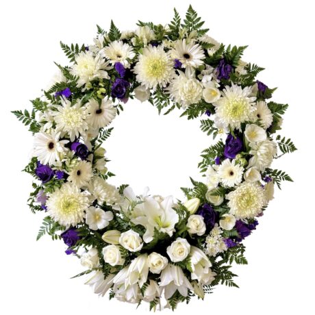 Purple and White Round Funeral Wreath