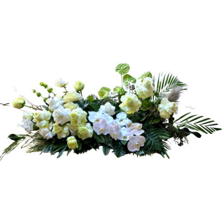 White Roses and White Orchids Funeral Casket Flowers