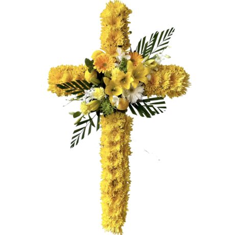 Yellow Flowers on Yellow Chrysanthemums Funeral Cross Wreath