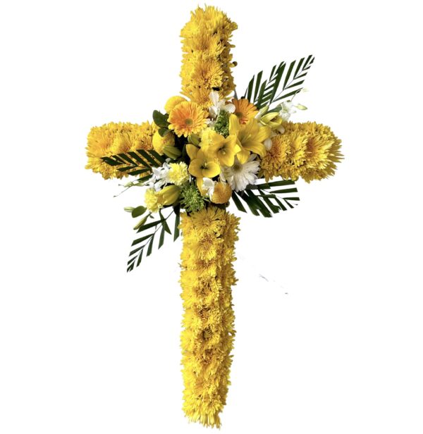 Yellow Flowers on Yellow Chrysanthemums Funeral Cross Wreath