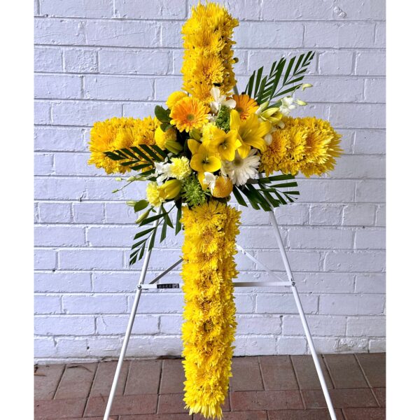 Yellow Flowers on Yellow Chrysanthemums Funeral Cross Wreath