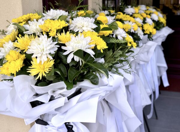 White and Yellow Chrysanthemums Funeral Flowers Basket