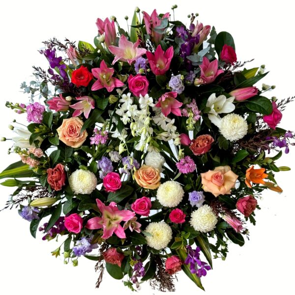 Roses Chrysanthemums and Lilies Round Funeral Wreath