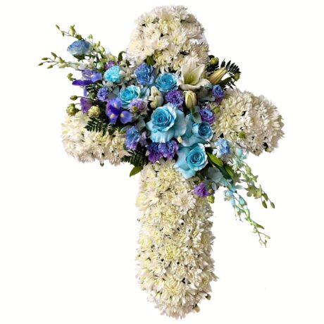 Blue and Purple Flowers on White Chrysanthemums Funeral Cross Wreath