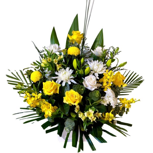 Yellow and White Chrysanthemums Roses and Orchids Sympathy Flowers Box