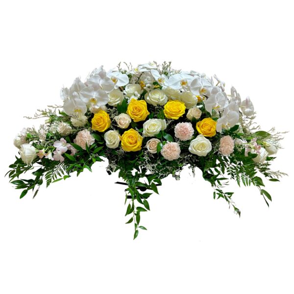 Yellow and White Roses and White Orchids Funeral Casket Flowers