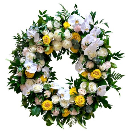 Roses Chrysanthemums and Orchids Round Funeral Wreath