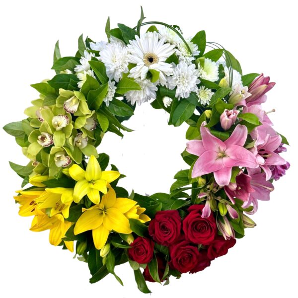 Roses Gerberas Chrysanthemums Lilies Round Funeral Wreath