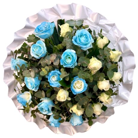 Blue and White Roses Round Asian and Chinese Funeral Wreath